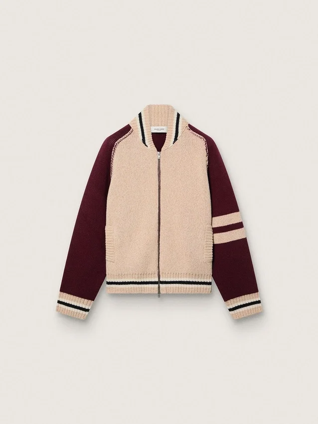Unisex μπουφάν τύπου bomber σε λευκό και μπορντό πλεκτό ζακάρ