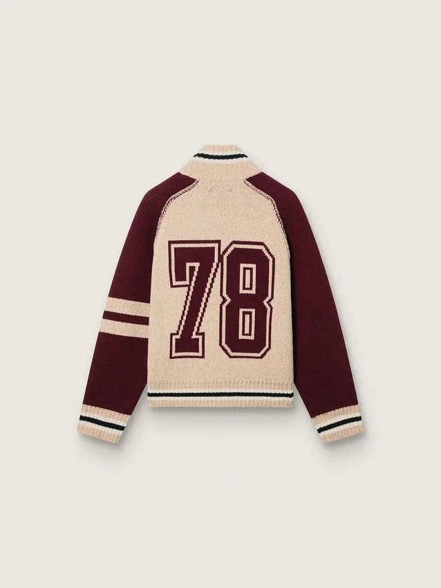 Unisex μπουφάν τύπου bomber σε λευκό και μπορντό πλεκτό ζακάρ