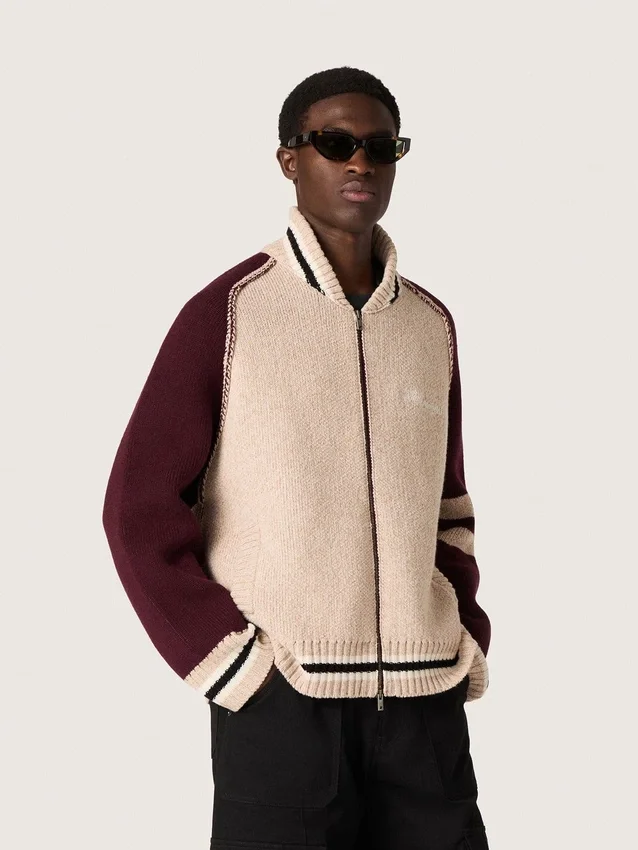 Unisex μπουφάν τύπου bomber σε λευκό και μπορντό πλεκτό ζακάρ