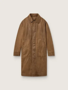 Unisex παλτό τύπου trench από καφέ κερωμένο twill με δερμάτινες λεπτομέρειες