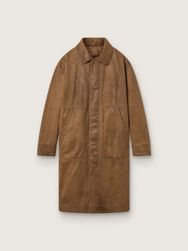 Unisex παλτό τύπου trench από καφέ κερωμένο twill με δερμάτινες λεπτομέρειες