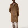 Unisex παλτό τύπου trench από καφέ κερωμένο twill με δερμάτινες λεπτομέρειες