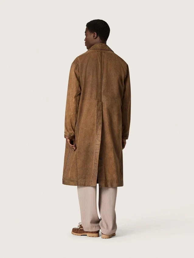 Unisex παλτό τύπου trench από καφέ κερωμένο twill με δερμάτινες λεπτομέρειες