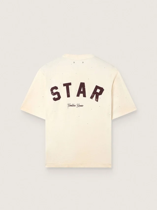 Unisex πουκάμισο «Star» από λευκό βαμβάκι με κρύσταλλα σε ντεγκραντέ σε όλη την επιφάνεια και τύπωμα στην πλάτη