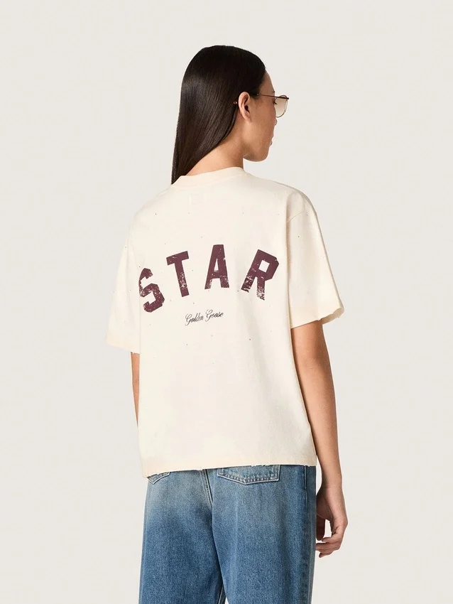 Unisex πουκάμισο «Star» από λευκό βαμβάκι με κρύσταλλα σε ντεγκραντέ σε όλη την επιφάνεια και τύπωμα στην πλάτη