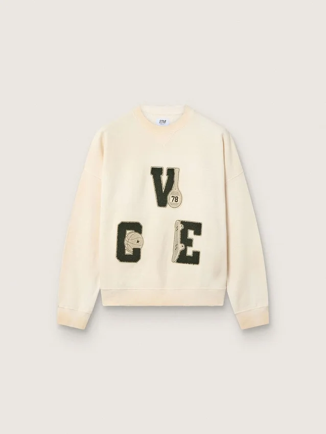 Unisex βαμβακερό φούτερ Star σε vintage λευκό χρώμα με κεντημένα μπάλωμα VCE